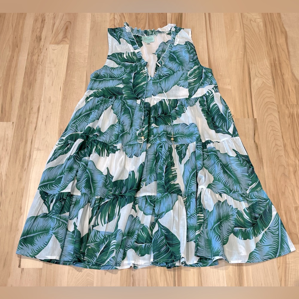 True Destinations Tropical Palm Leaf Swim Cover-Up Dress - Green / White…
